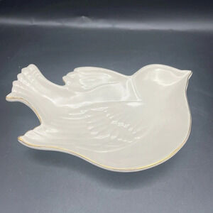 Rae Dunn M Magenta Bird Plate Platter White Gold Line Accent‎